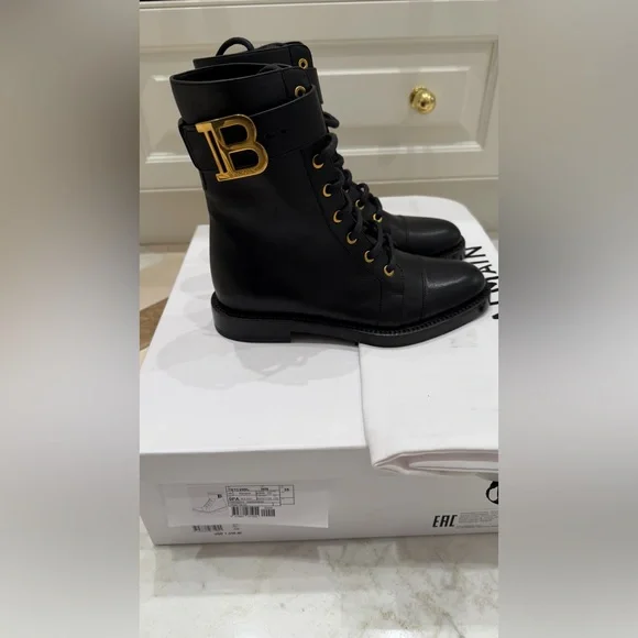 Balmain Black Leather Combat Boots with Gold B Symbol; Size 35; Brand New in Box - Picture 1 of 10